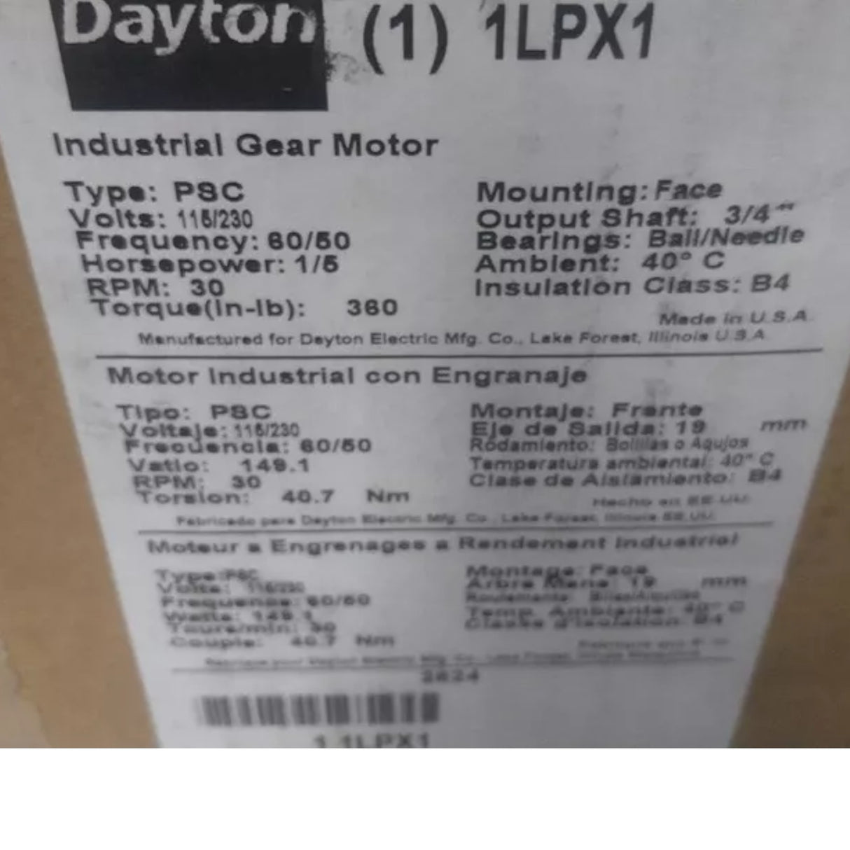 1LPX1 Dayton Max Torque AC Gearmotor 0.2 Input HP 30 RPM 115/230VAC