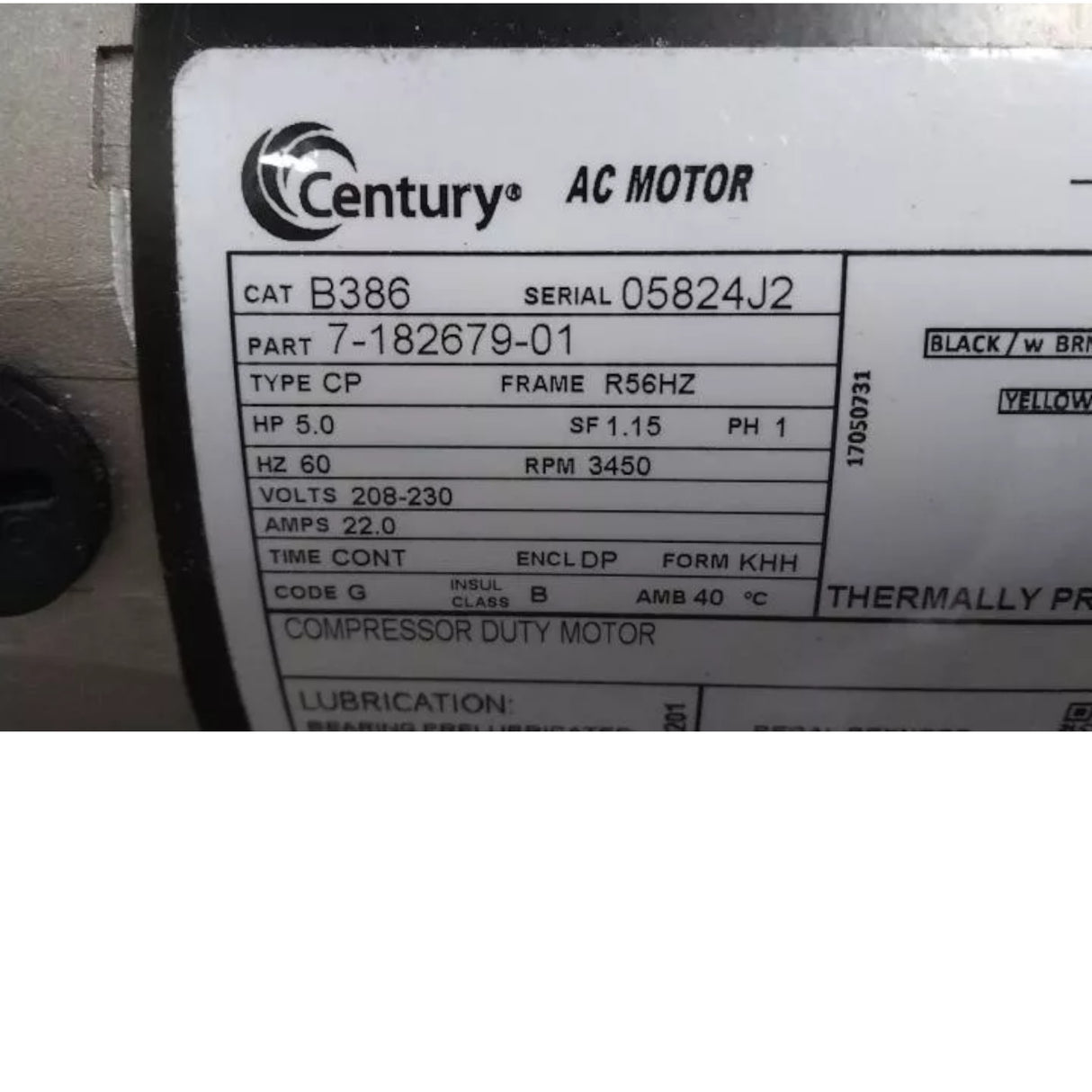 B386 Century Frame Air Compressor Motor 5 HP 3450 RPM 208-230VAC R56HZ