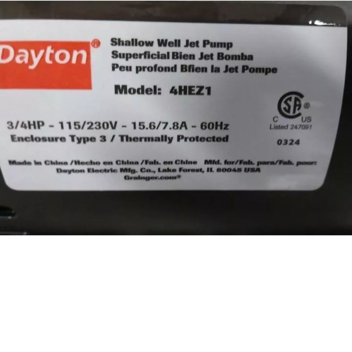 4HEZ1 Dayton NPT Discharge Shallow Well Jet Pump 3/4 HP 115/230VAC 1 In