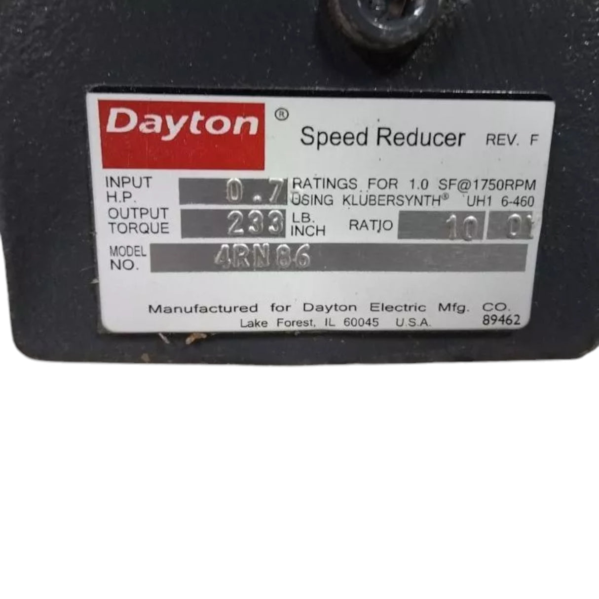 4RN86 Dayton Speed Reducer 0.75 Max Input HP 175 Max Output RPM