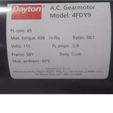 4FDY9 Dayton AC Gearmotor 1/3 Input HP 45 RPM 115VAC Split-Phase