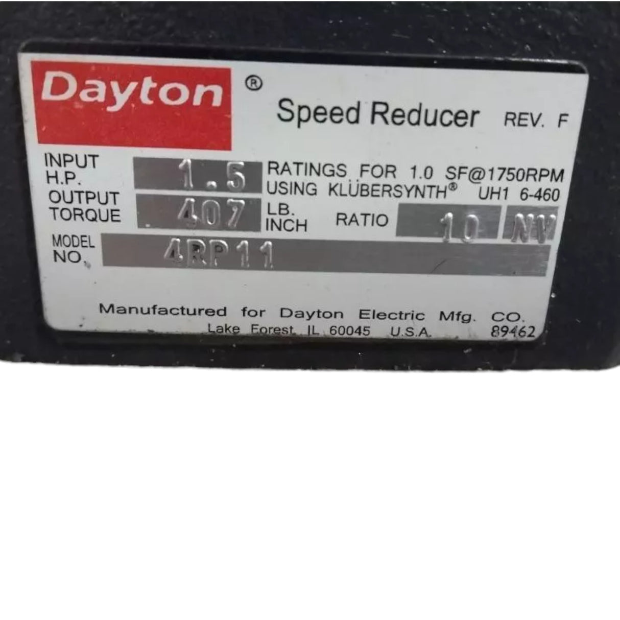 4RP11 Dayton Direct Drive Speed Reducer 1 1.5 Max Input HP 175 Max Output RPM