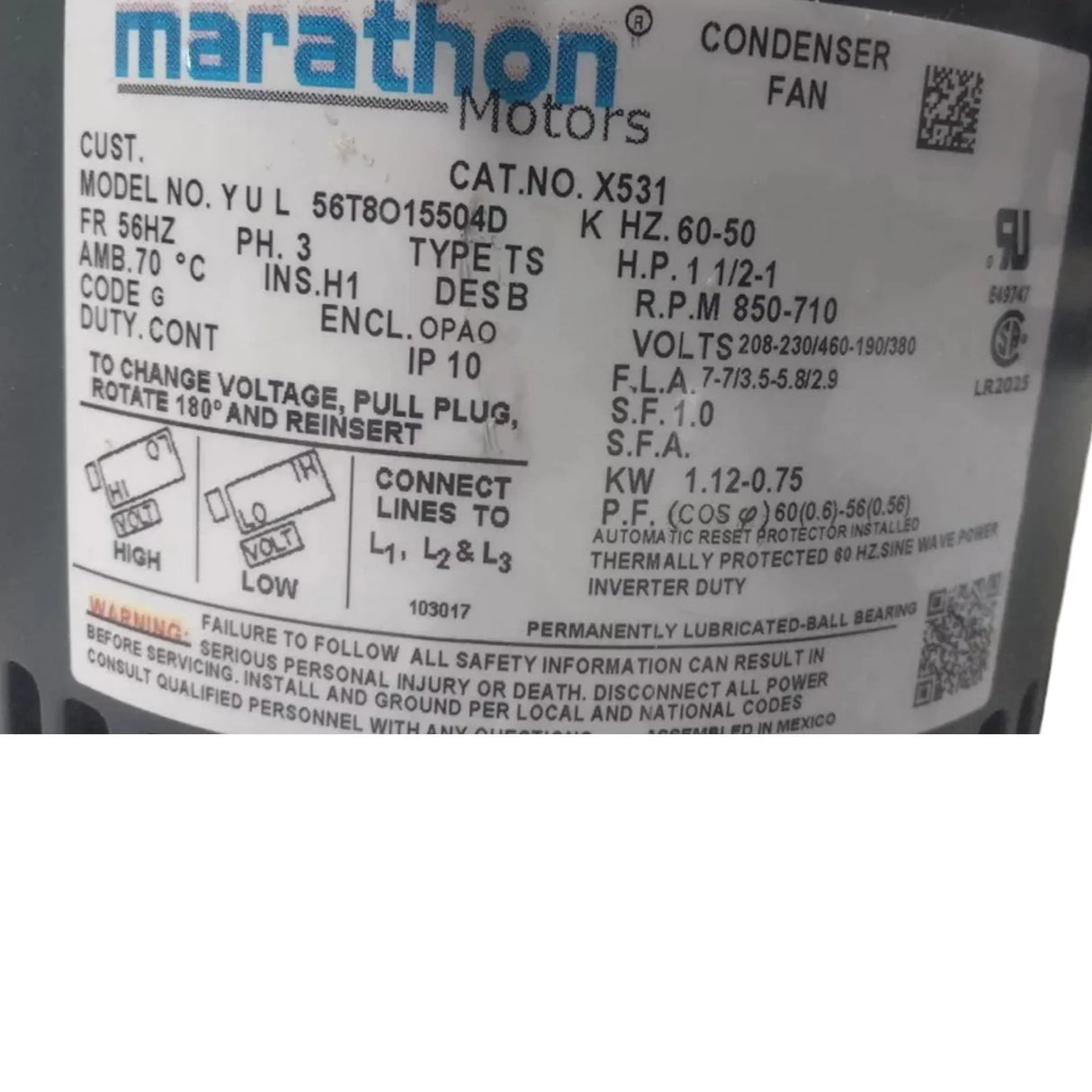 056T8O15504 Marathon Motors Condenser Fan Motor 1-1/2 HP 850 RPM 208-230/460VAC - Truck To Trailer