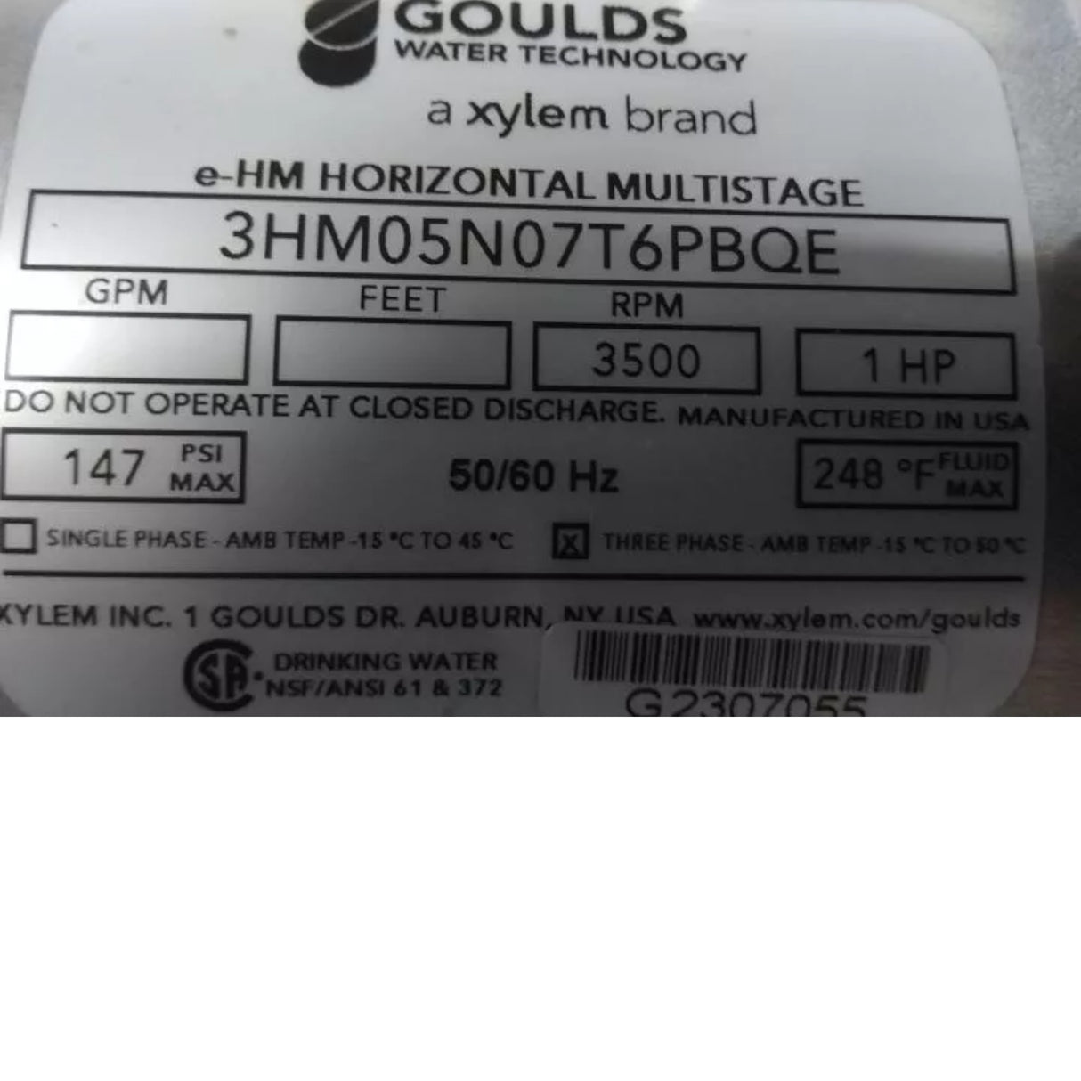 3HM05N07T6PBQE Goulds Water Technology Booster Pump 1 HP 208-230/460VAC