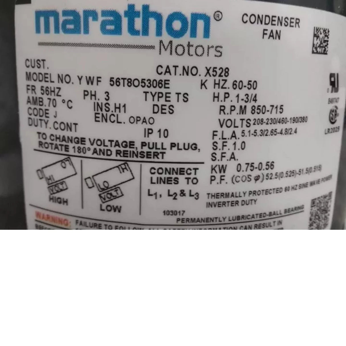 056T8O5306 Marathon Motors Condenser Fan Motor 1 HP 850 RPM 208-230/460VAC - Truck To Trailer