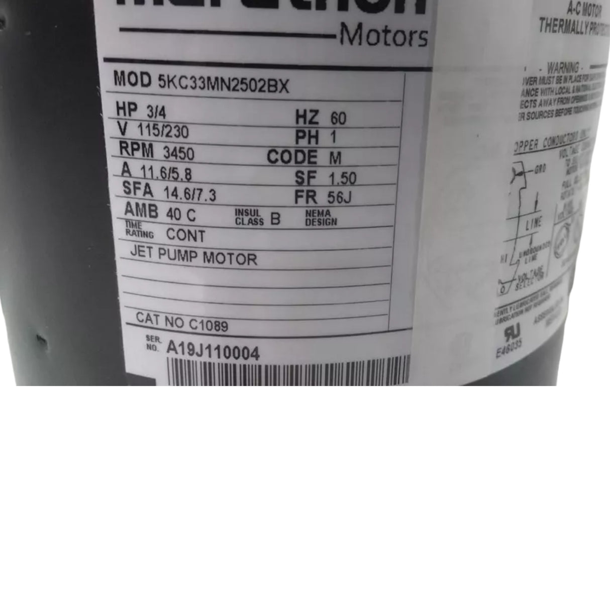 5KC33MN2502X Marathon Motors Jet Pump Motor 3/4 HP 3450 RPM 115/230VAC