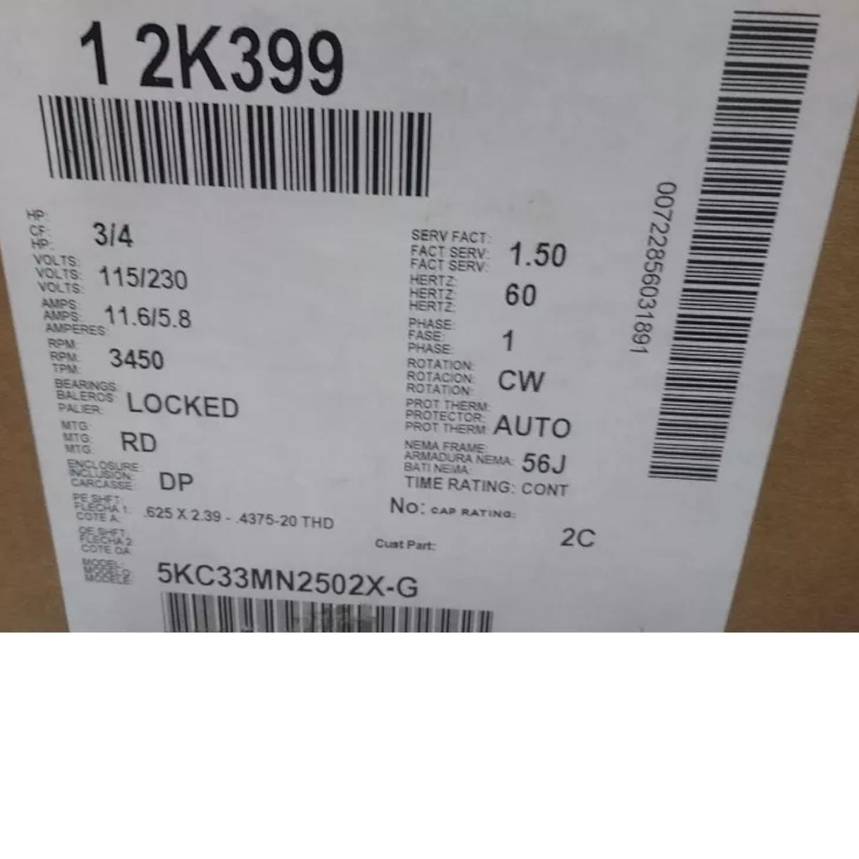 5KC33MN2502X Marathon Motors Jet Pump Motor 3/4 HP 3450 RPM 115/230VAC
