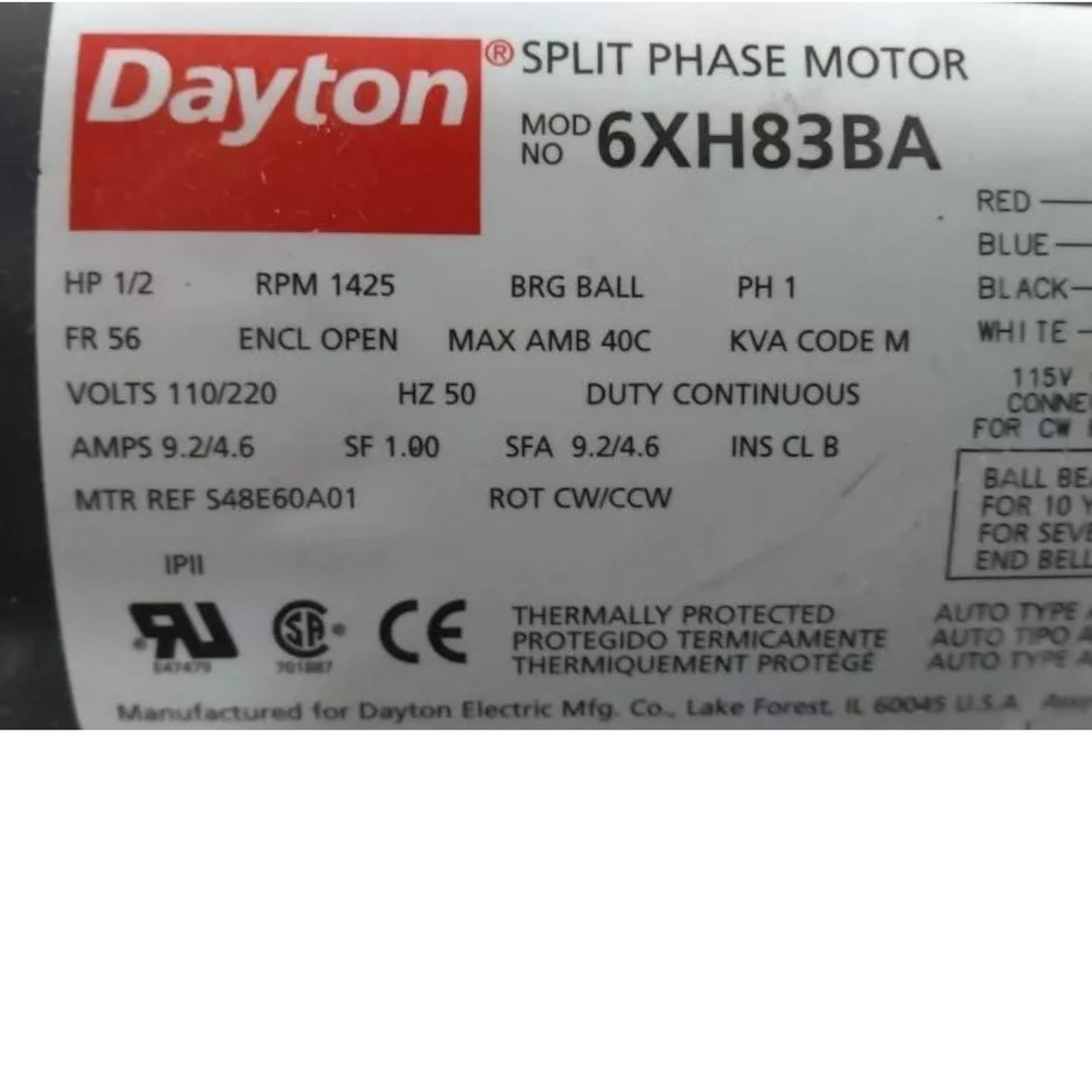 6XH83BA Dayton 50 Hz Motor 1/2 HP 1425 RPM 110/220VAC