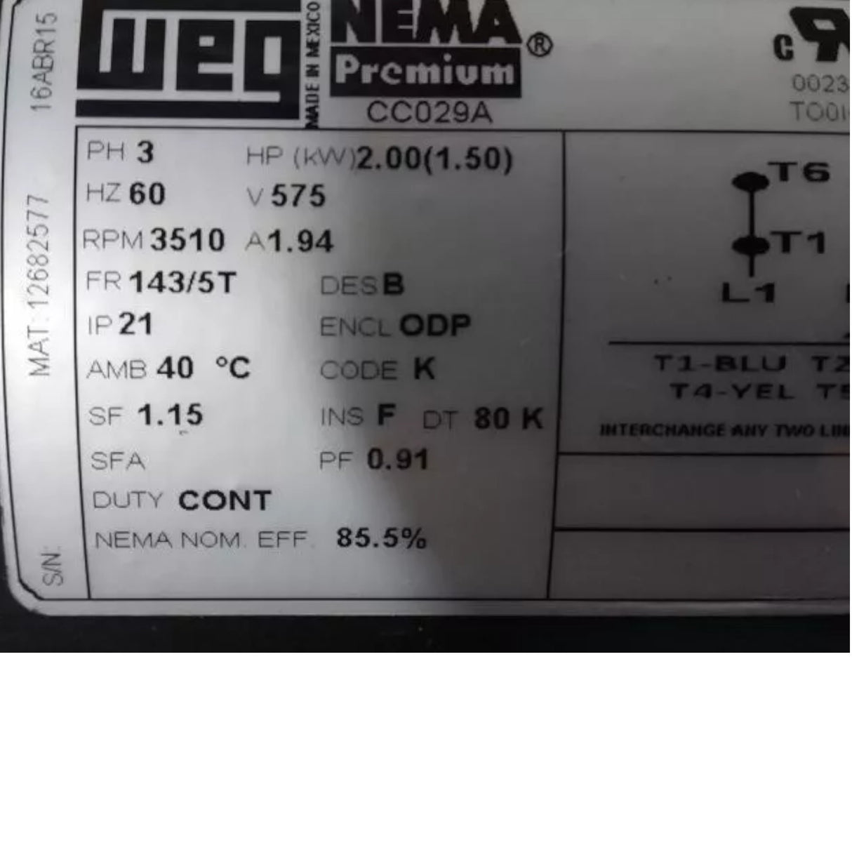 00236OT3H145T-S Weg General Purpose Motor 2 HP 3510 RPM 575VAC 3-Phase