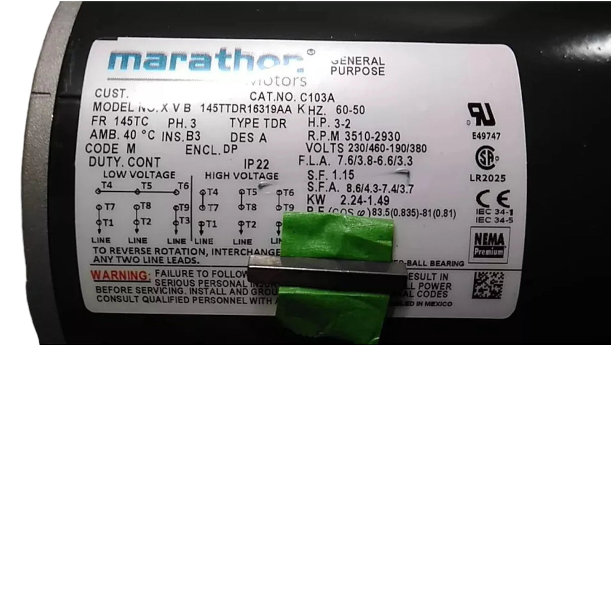 145TTDR16319 Marathon Motors General Purpose Motor 3 HP 3510 RPM 230/460VAC - Truck To Trailer