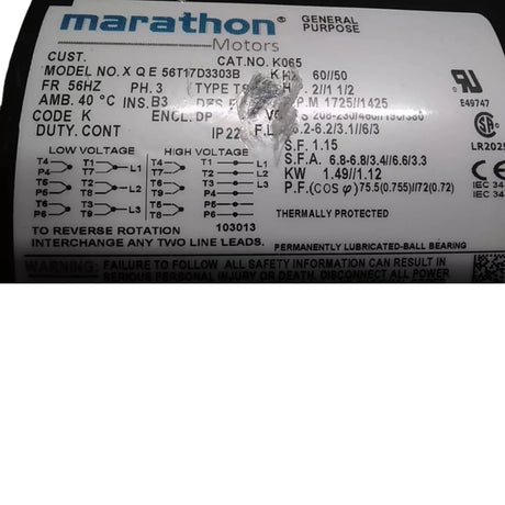 056T17D3303 Marathon Motors General Purpose Motor 2 HP 1725 RPM 208-230/460VAC - Truck To Trailer