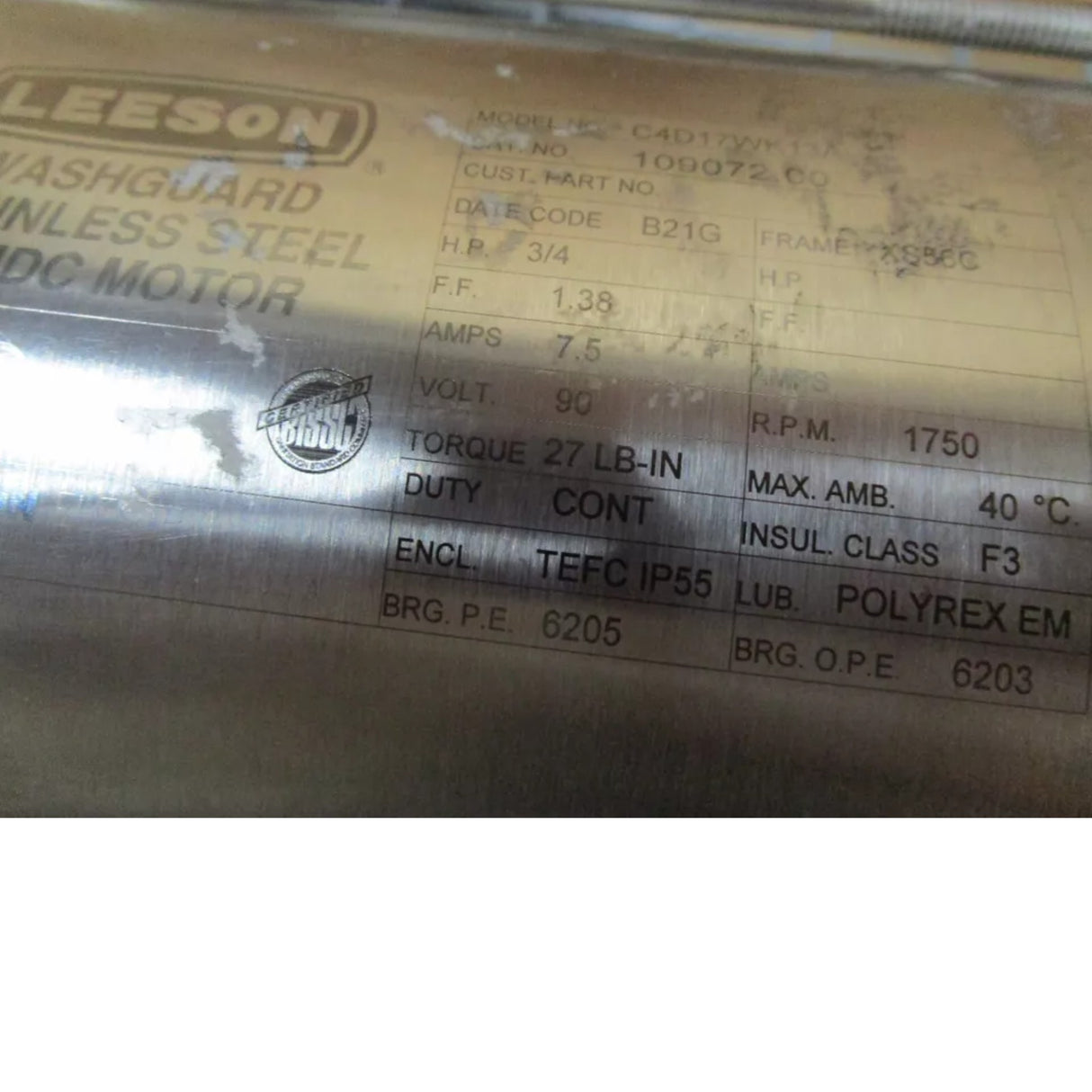 C4D17WK13A Leeson Stainless Washguard Motor 3/4 HP 1750 RPM DC Phase 90