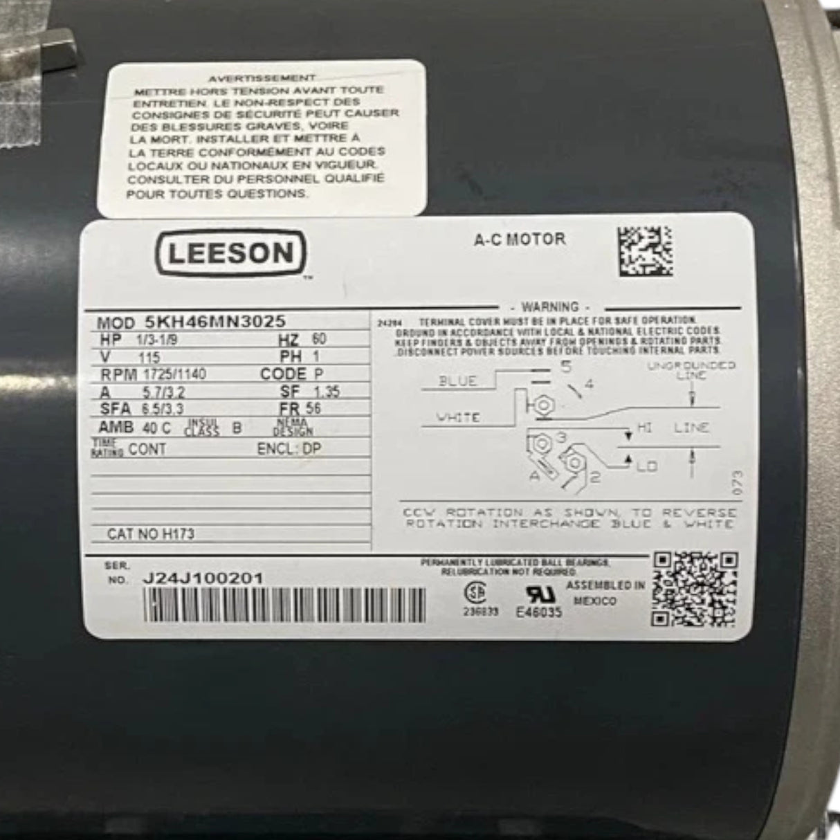 5KH46MN3025 Genuine Leeson General Purpose Motor 115V
