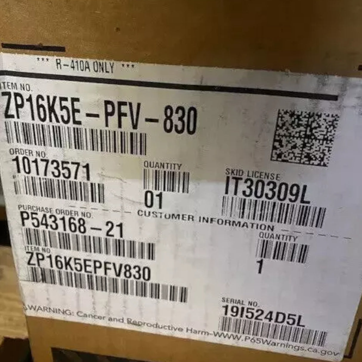ZP16K5E-PFV-830 Genuine Copeland Scroll Compressor 208/230V
