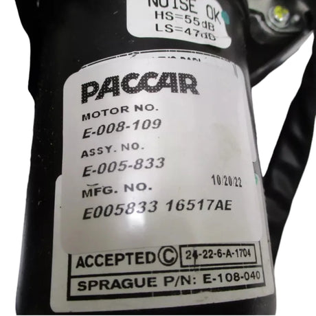 E005-833 Paccar Windshield Wiper Motor - Truck To Trailer