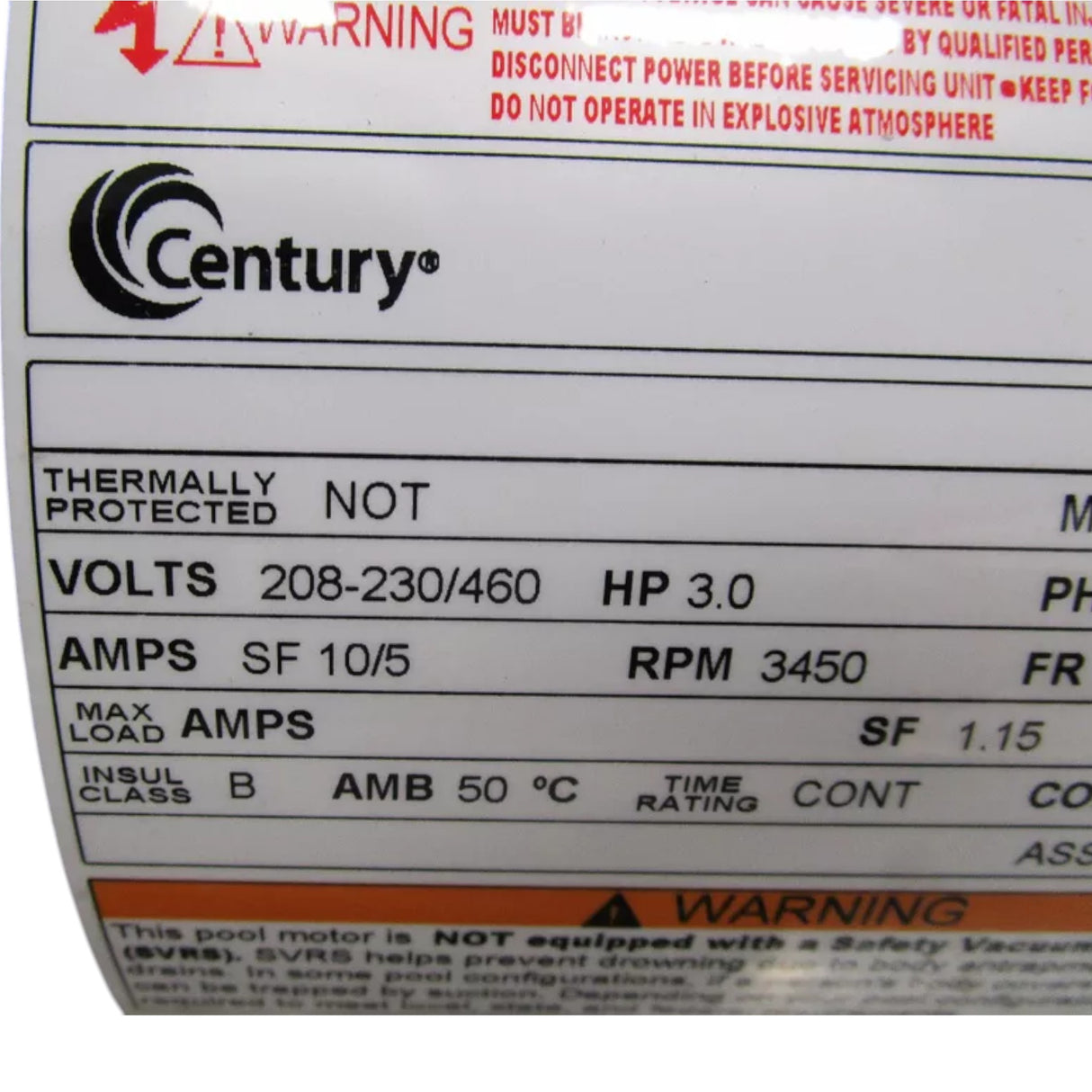 Q3302V1 Century 3 PH Pool Pump Motor 3HP 208-230/460V