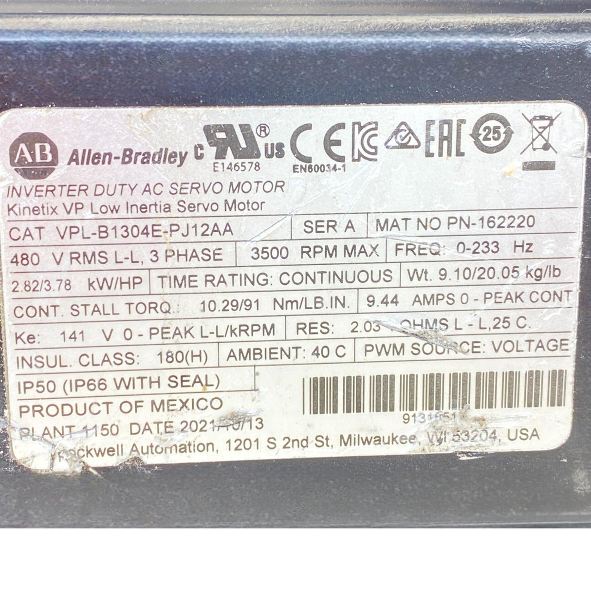 VPL-B1304E-PJ12AA Allen Bradley Inverter Duty AC Servo Motor - Truck To Trailer